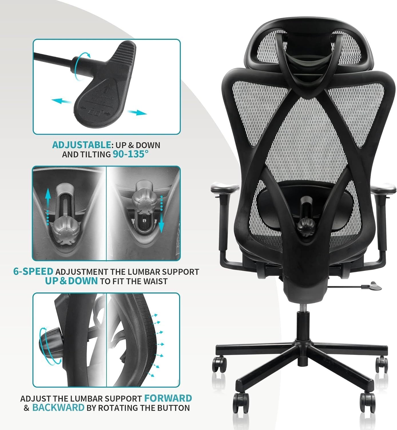 Mesh Office Chair,Ergonomic Office Chairs With Wheels,Adjustable Lumbar Support,Armrest,Headrest-Tilt High Back Desk Chair With Mute Wheel For Office, Home, Gaming