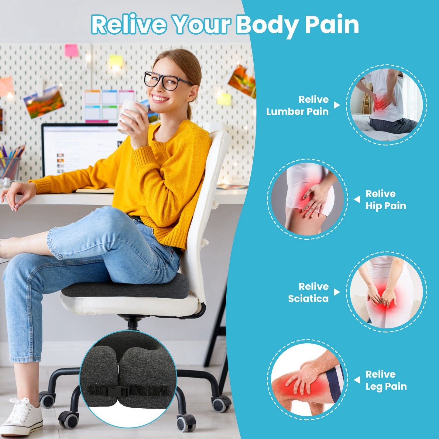 1Pc Donut Pillow Seat Cushion Memory Foam Donut Chair Cushions Ergonomic Seat Cushion Pad For Coccyx Prostate Sciatica Pelvic Floor Pressure Sores Office Home Use