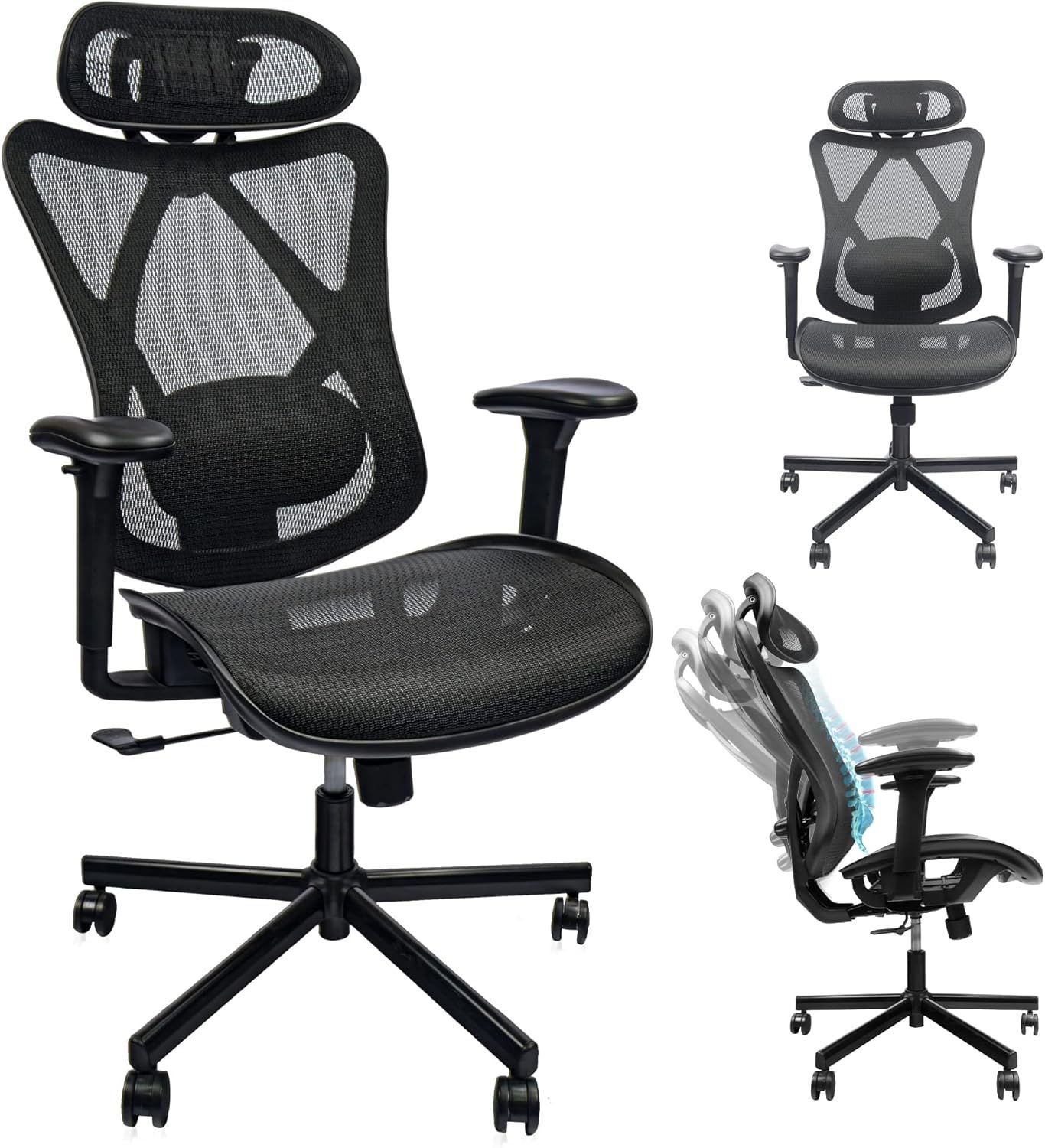 Mesh Office Chair,Ergonomic Office Chairs With Wheels,Adjustable Lumbar Support,Armrest,Headrest-Tilt High Back Desk Chair With Mute Wheel For Office, Home, Gaming